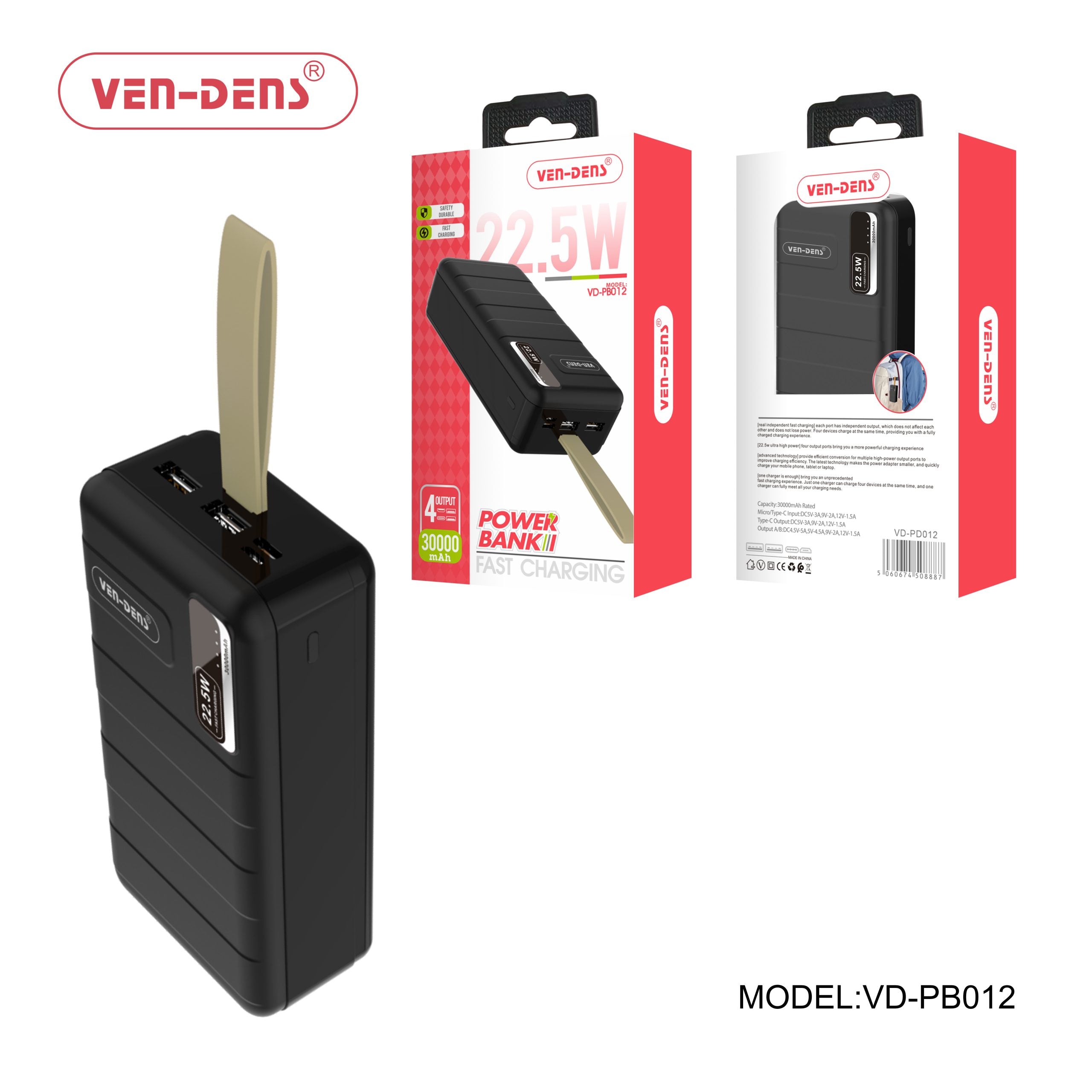 Ven-Dens VD-PB012 Power Bank 30000mAh 4 Output